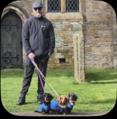 Jamie walking three dachshunds